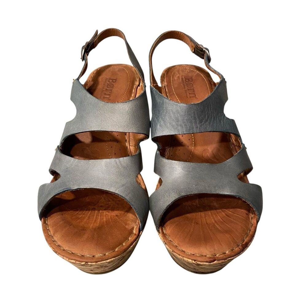Born Leather Cork Wedge Sandals Womens 9 Blue Gray Slingback Comfort Platform - Picture 4 of 9